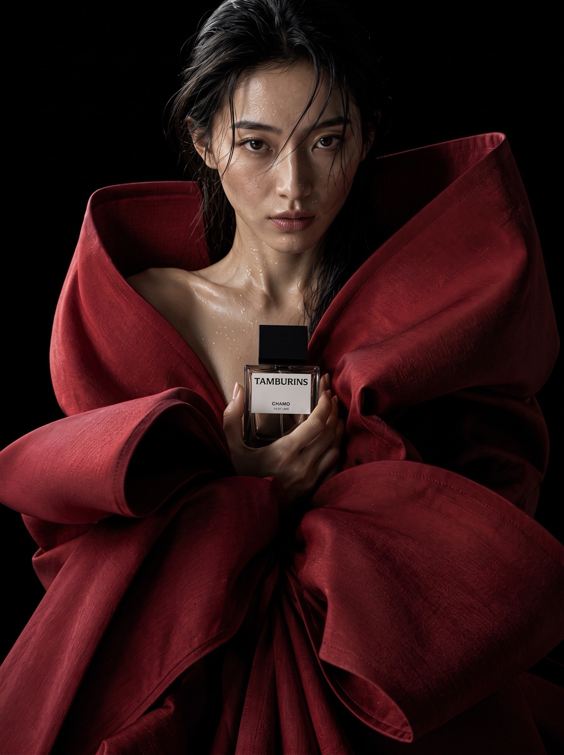 TAMBURINS CHAMO campaign concept: portrait framed by burgundy satin
