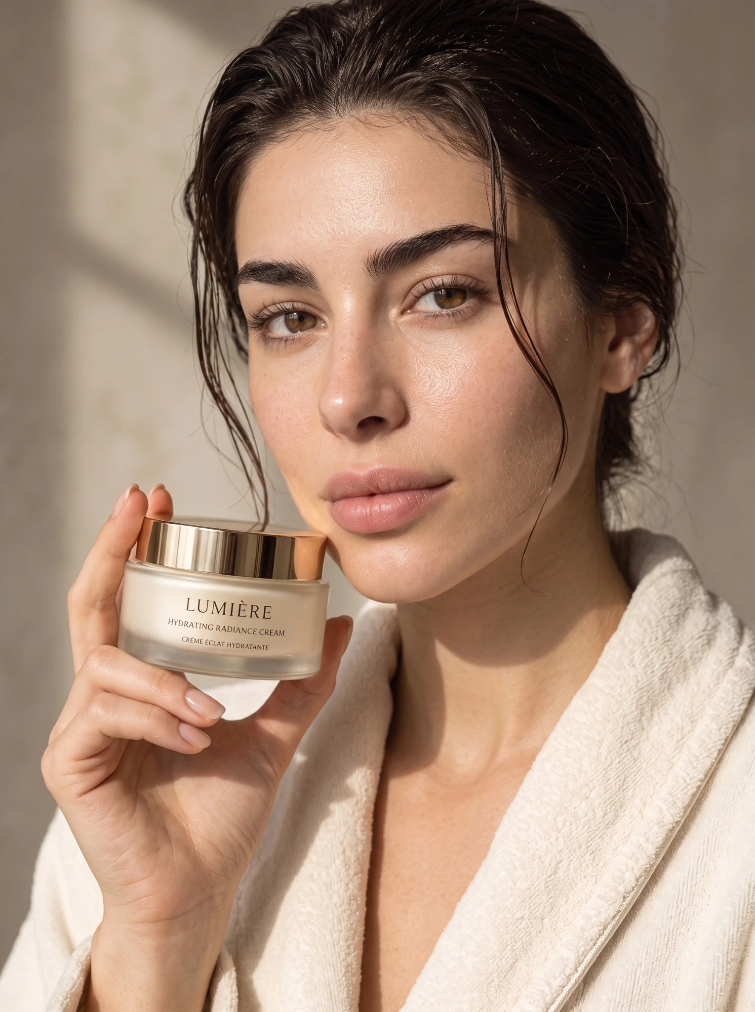Beauty portrait holding the LUMIÈRE cream