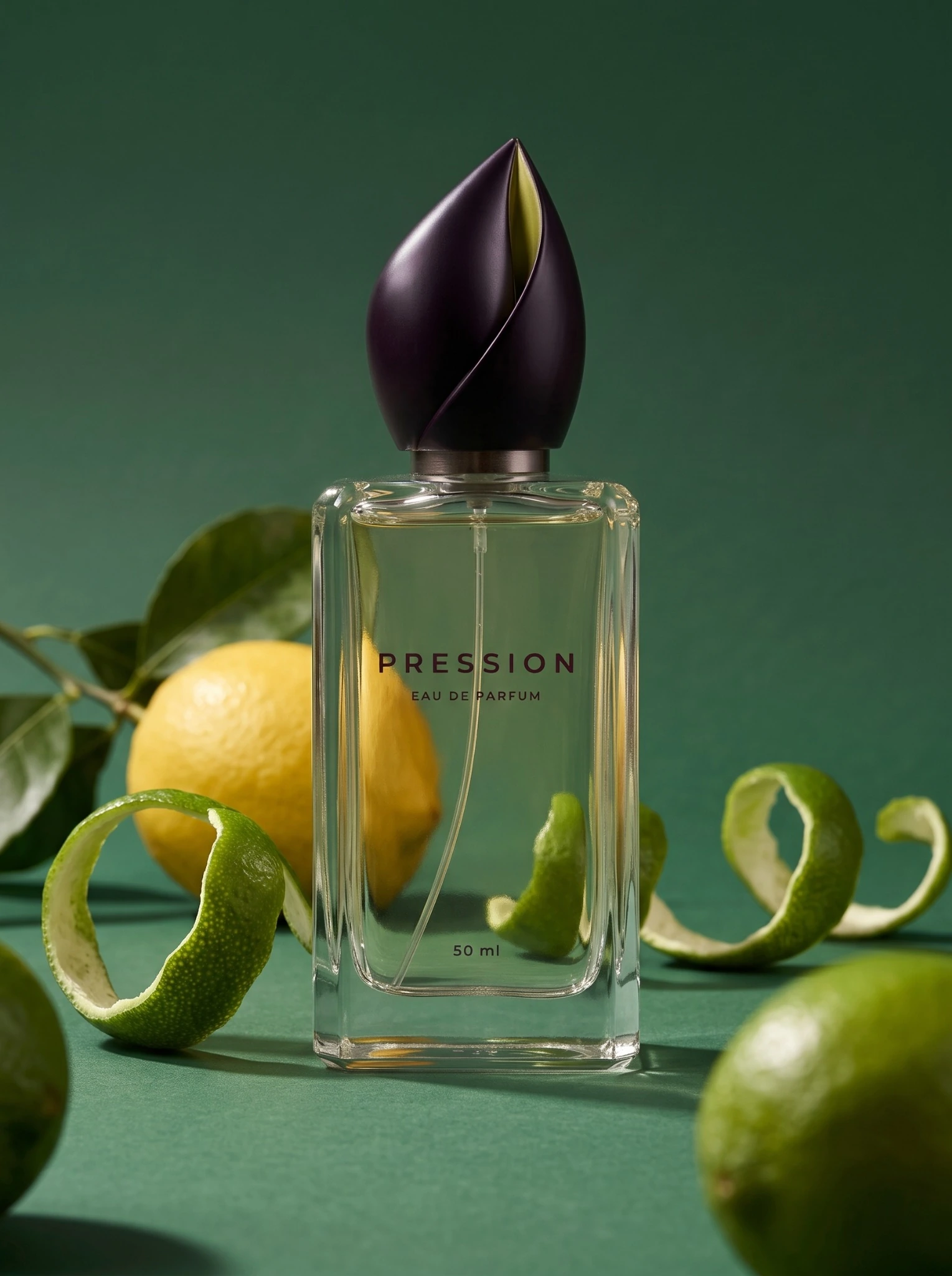 PRESSION — Perfume with curled citrus peel on a deep green background